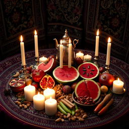 A beautifully arranged Yalda table, adorned with traditional Persian elements symbolizing the winter solstice celebration