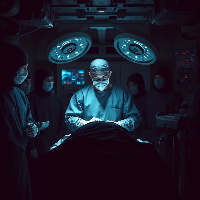 A tense and dramatic scene depicting a secretive medical operation taking place in a dimly lit underground facility