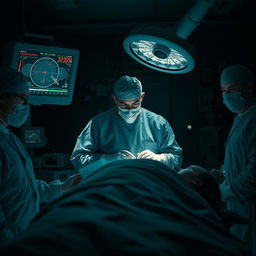 A tense and dramatic scene depicting a secretive medical operation taking place in a dimly lit underground facility