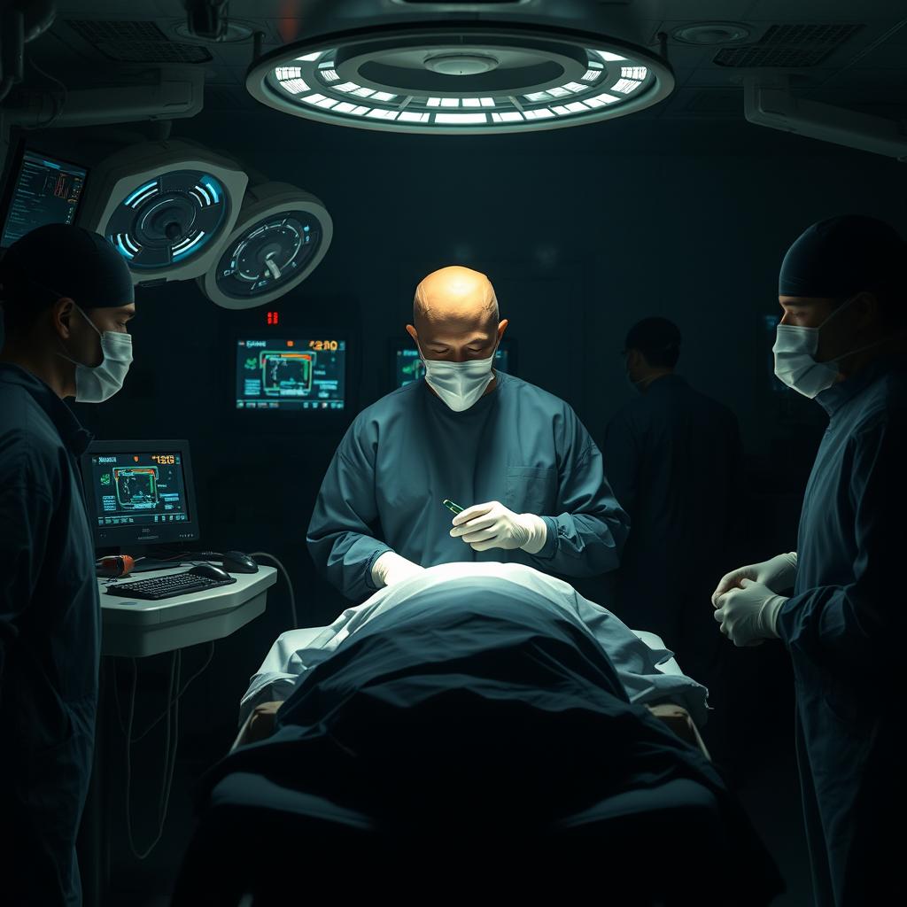 A tense and dramatic scene depicting a secretive medical operation taking place in a dimly lit underground facility