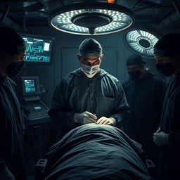 A tense and dramatic scene depicting a secretive medical operation taking place in a dimly lit underground facility