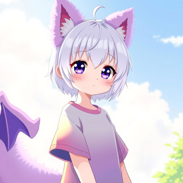 A cute anime girl, 18 years old, with short white hair and striking purple eyes