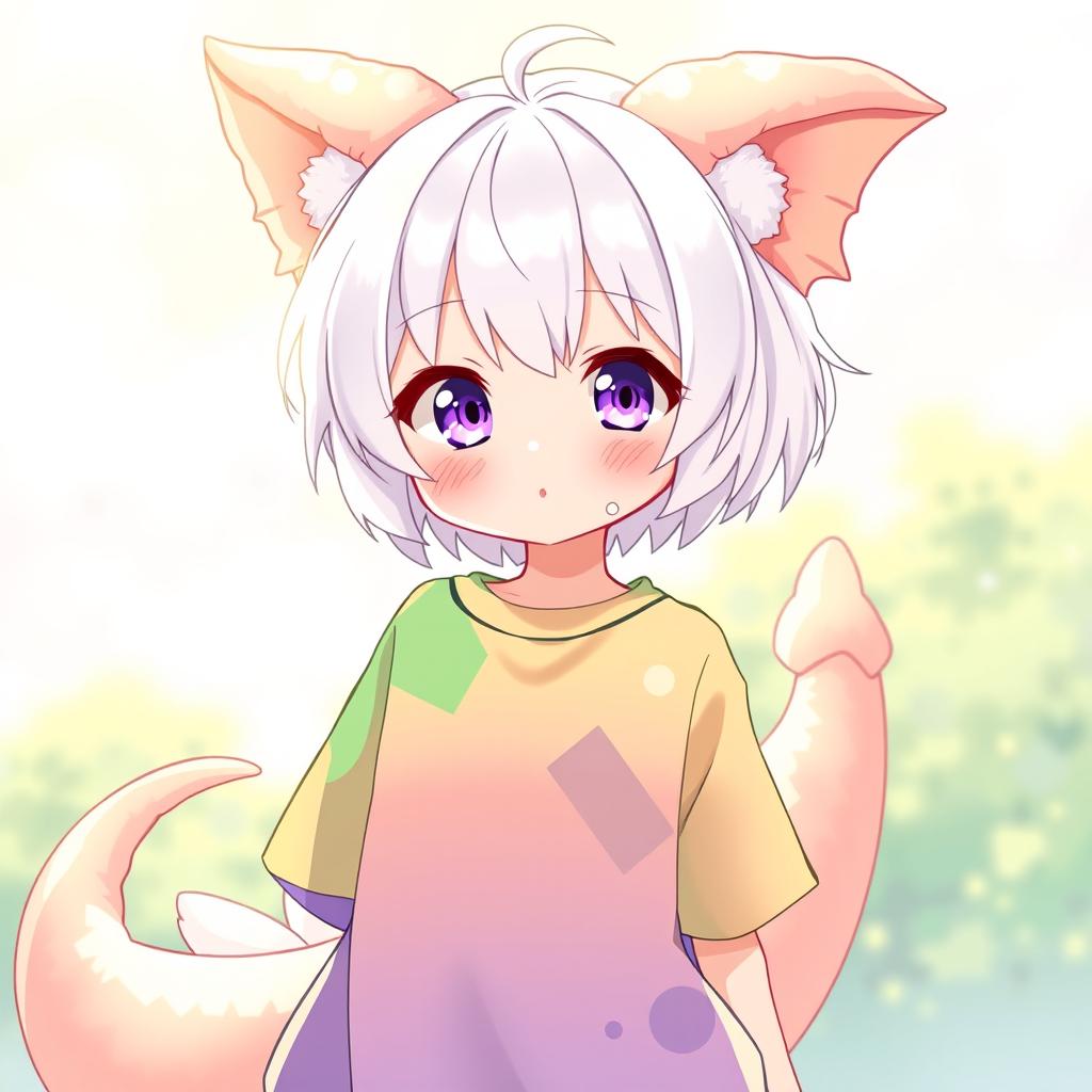 A cute anime girl, 18 years old, with short white hair and striking purple eyes