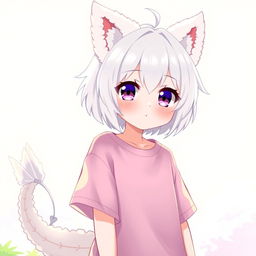 A cute anime girl, 18 years old, with short white hair and striking purple eyes