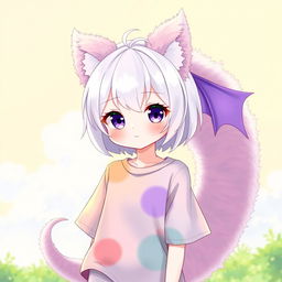 A cute anime girl, 18 years old, with short white hair and striking purple eyes