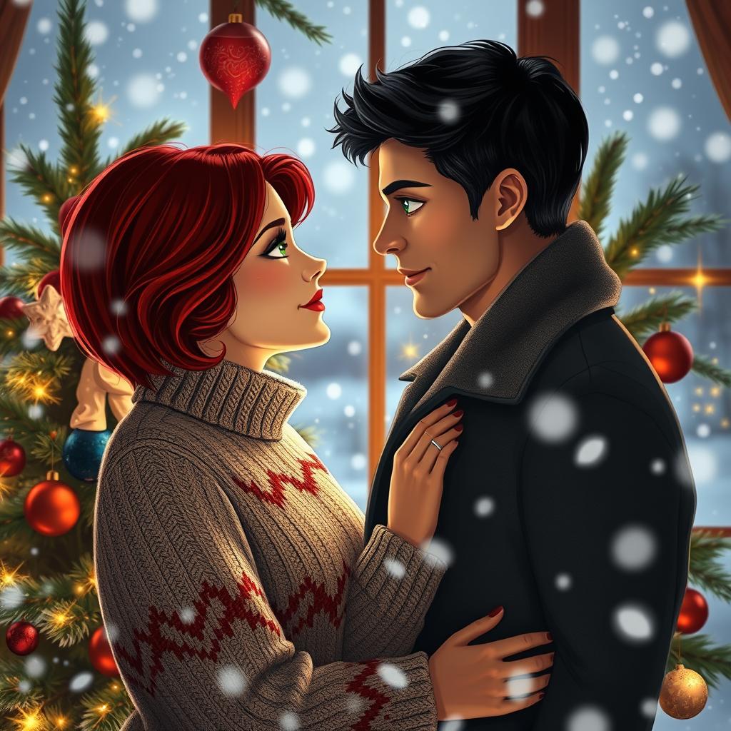 A romantic Christmas scene featuring a couple gazing into each other's eyes