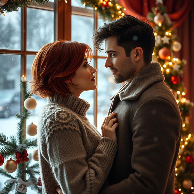 A romantic Christmas scene featuring a couple gazing into each other's eyes