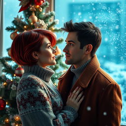 A romantic Christmas scene featuring a couple gazing into each other's eyes
