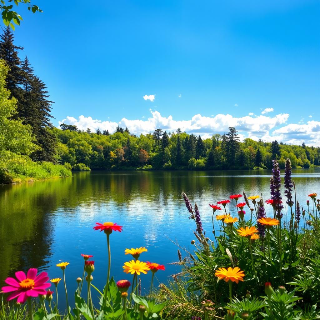 A serene landscape featuring a tranquil lake surrounded by lush greenery and tall trees under a clear blue sky