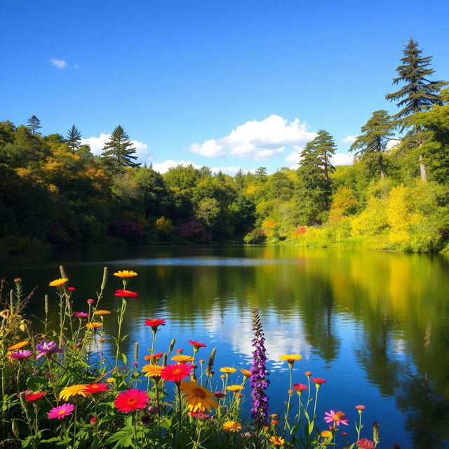 A serene landscape featuring a tranquil lake surrounded by lush greenery and tall trees under a clear blue sky