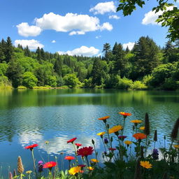 A serene landscape featuring a tranquil lake surrounded by lush greenery and tall trees under a clear blue sky