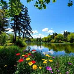 A serene landscape featuring a tranquil lake surrounded by lush greenery and tall trees under a clear blue sky