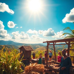 A traditional Brazilian sugar mill, known as 'engenho de rapadura', surrounded by lush tropical vegetation