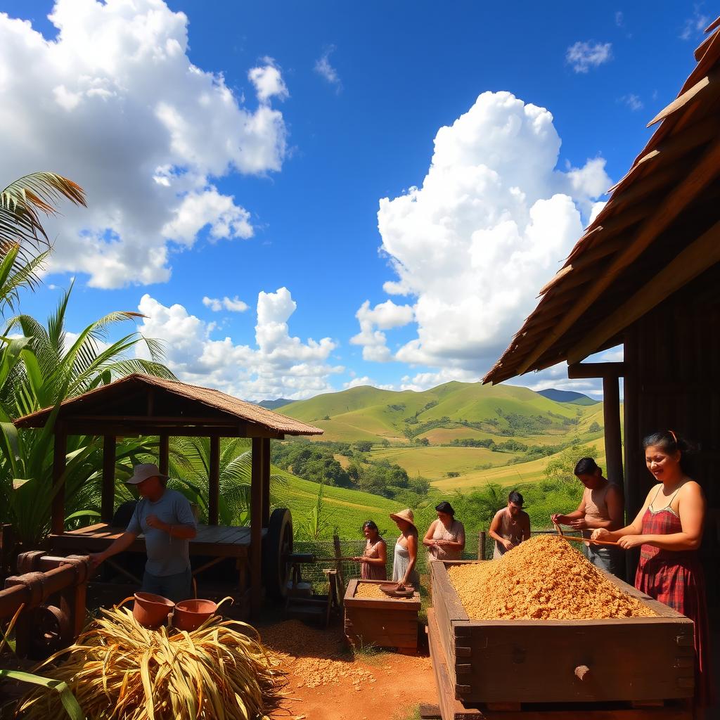 A traditional Brazilian sugar mill, known as 'engenho de rapadura', surrounded by lush tropical vegetation