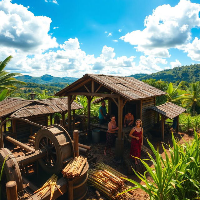 A traditional Brazilian sugar mill, known as 'engenho de rapadura', surrounded by lush tropical vegetation