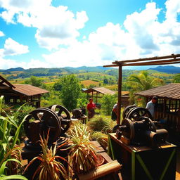 A traditional Brazilian sugar mill, known as 'engenho de rapadura', surrounded by lush tropical vegetation
