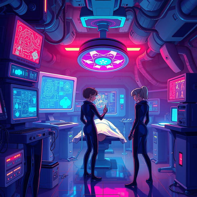 An intriguing animated scene set in a high-tech underground laboratory, showcasing a group of enigmatic characters in sleek, futuristic outfits, collaborating on complex medical operations