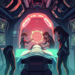 An intriguing animated scene set in a high-tech underground laboratory, showcasing a group of enigmatic characters in sleek, futuristic outfits, collaborating on complex medical operations