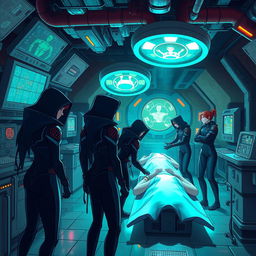 An intriguing animated scene set in a high-tech underground laboratory, showcasing a group of enigmatic characters in sleek, futuristic outfits, collaborating on complex medical operations