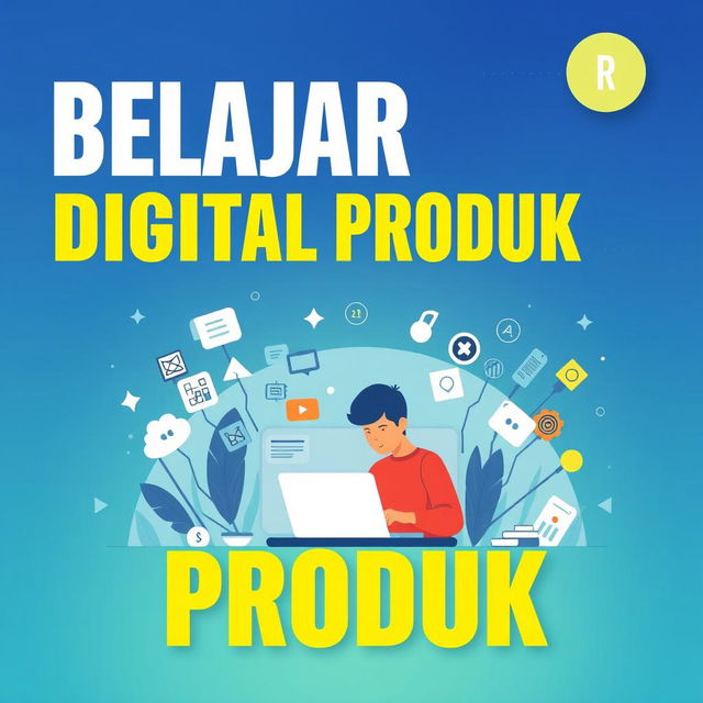 A sleek and modern poster design themed around learning digital products, featuring the title: 'Belajar Digital Produk' in large, bold, eye-catching typography