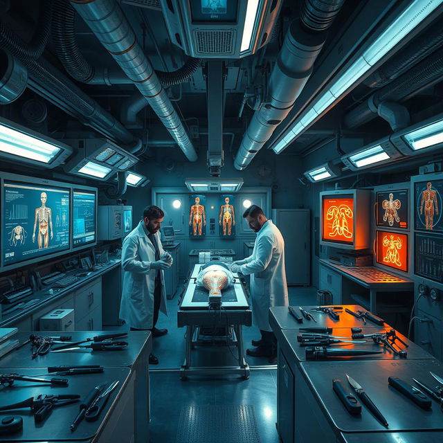 A dramatic scene set in a high-tech underground laboratory, filled with advanced medical equipment and research tools