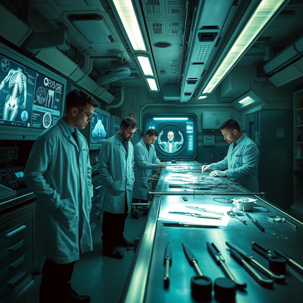 A dramatic scene set in a high-tech underground laboratory, filled with advanced medical equipment and research tools