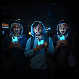 Three young Egyptian men in an airport, showing signs of fear and apprehension