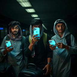 Three young Egyptian men in an airport, showing signs of fear and apprehension