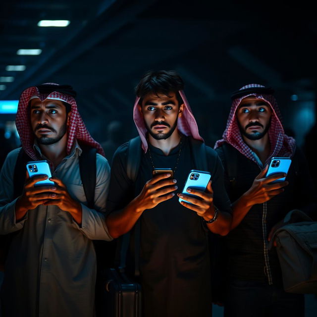 Three young Egyptian men in an airport, showing signs of fear and apprehension