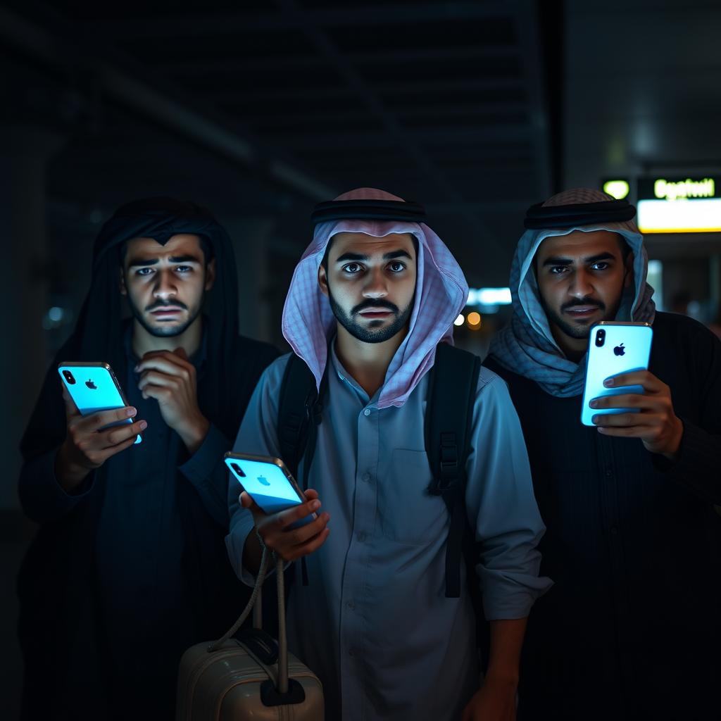 Three young Egyptian men in an airport, showing signs of fear and apprehension