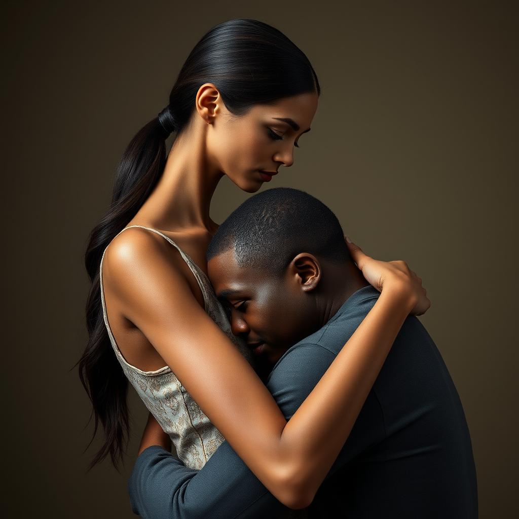 A tall, slender brunette woman with an abnormally long neck, elegantly hugging a short, stout black man's head tightly against her chin in a protective, motherly embrace
