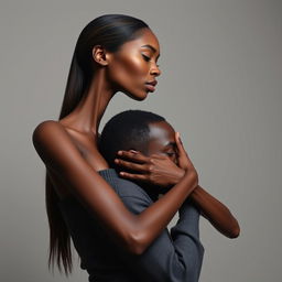 A tall, slender brunette woman with an abnormally long neck, elegantly hugging a short, stout black man's head tightly against her chin in a protective, motherly embrace
