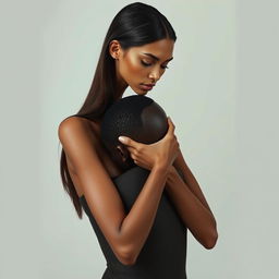 A tall, slender brunette woman with an abnormally long neck, elegantly hugging a short, stout black man's head tightly against her chin in a protective, motherly embrace