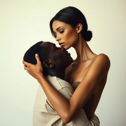 A tall, slender brunette woman with an abnormally long neck, elegantly hugging a short, stout black man's head tightly against her chin in a protective, motherly embrace