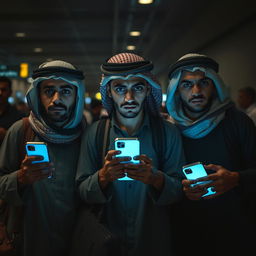 Three young Egyptian men at an airport, exhibiting fear and apprehension
