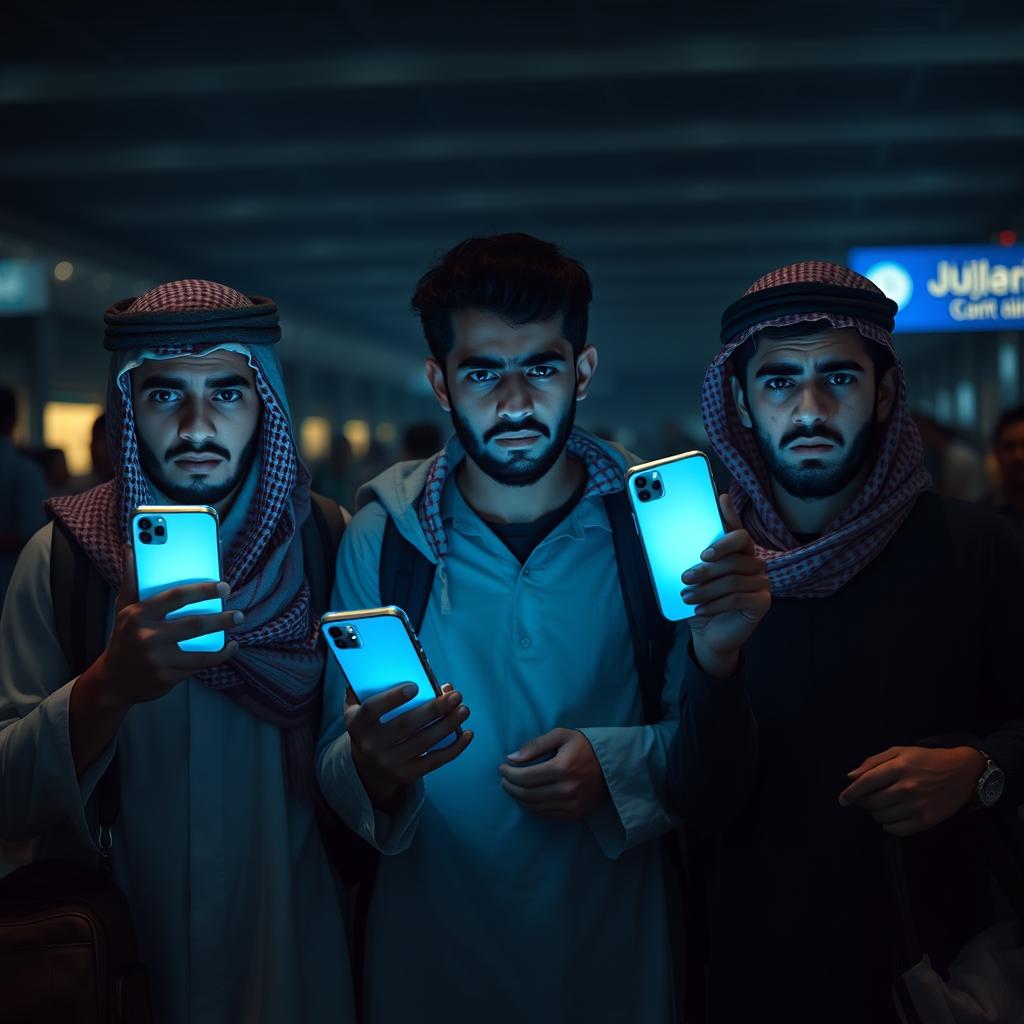 Three young Egyptian men at an airport, exhibiting fear and apprehension