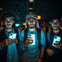 Three young Egyptian men at an airport, exhibiting fear and apprehension