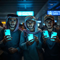 Three young Egyptian men at an airport, exhibiting fear and apprehension