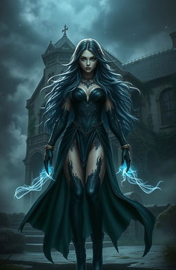 A mysterious fantasy girl with superpowers, standing confidently in the foreground