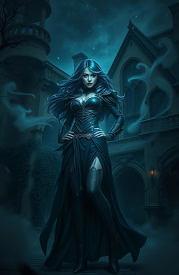 A mysterious fantasy girl with superpowers, standing confidently in the foreground
