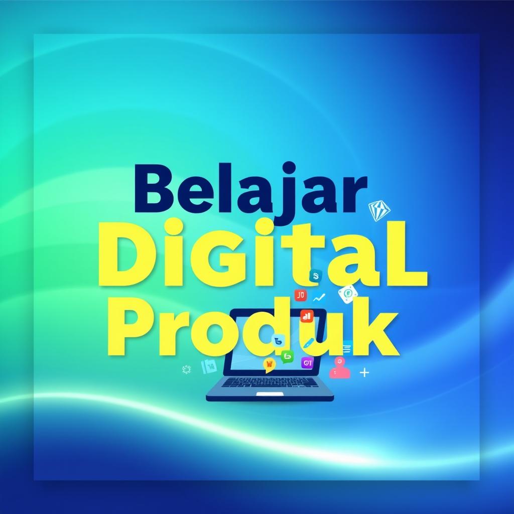 A visually appealing poster design dedicated to learning about digital products, featuring the title 'Belajar Digital Produk' prominently displayed in large, eye-catching typography