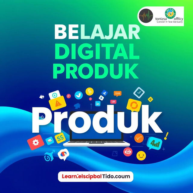 A visually appealing poster design dedicated to learning about digital products, featuring the title 'Belajar Digital Produk' prominently displayed in large, eye-catching typography