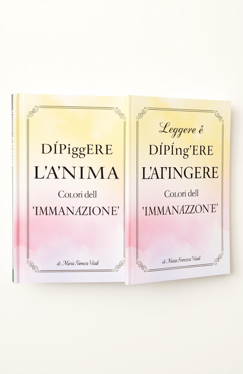 A centered book with an elegant cover design featuring the text "Leggere è DIPINGERE L'ANIMA CON I COLORI DELL'IMMAGINAZIONE" prominently displayed on both the front and back covers