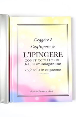 A centered book with an elegant cover design featuring the text "Leggere è DIPINGERE L'ANIMA CON I COLORI DELL'IMMAGINAZIONE" prominently displayed on both the front and back covers