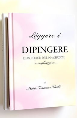 A centered book with an elegant cover design featuring the text "Leggere è DIPINGERE L'ANIMA CON I COLORI DELL'IMMAGINAZIONE" prominently displayed on both the front and back covers