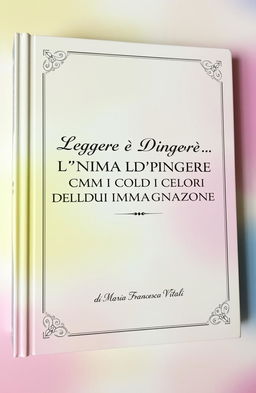 A centered book with an elegant cover design featuring the text "Leggere è DIPINGERE L'ANIMA CON I COLORI DELL'IMMAGINAZIONE" prominently displayed on both the front and back covers