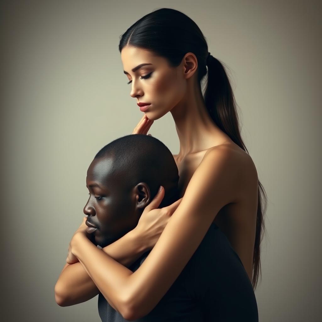 A tall, slender brunette woman with an abnormally long neck, showcasing her elegant features
