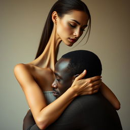 A tall, slender brunette woman with an abnormally long neck, showcasing her elegant features