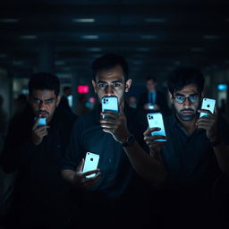 Three young Egyptian men at an airport, visibly anxious and afraid