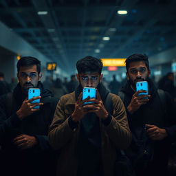 Three young Egyptian men at an airport, visibly anxious and afraid